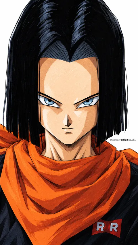 Black-haired android: orange scarf. A portrait-format character illustration in the Dragon Ball collection.