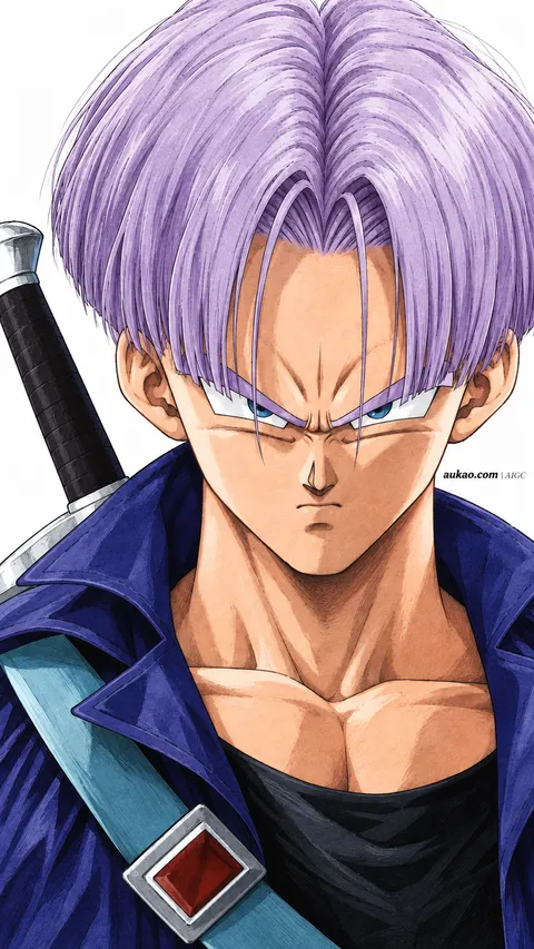 Lavender-haired swordsman: straight-on portrait. A portrait-format character illustration in the Dragon Ball collection.