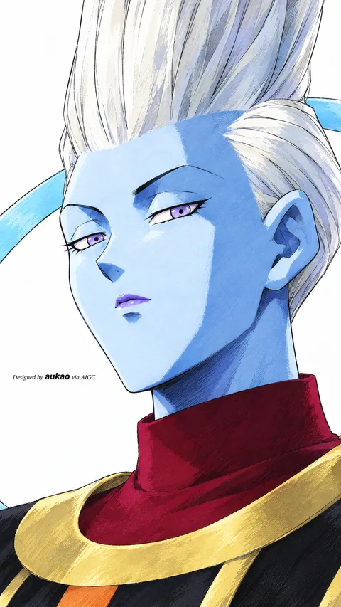 Blue-skinned attendant: white swept-up hair. A portrait-format character illustration in the Dragon Ball collection.