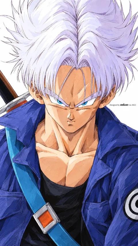 Lavender-haired swordsman: downward gaze. A portrait-format character illustration in the Dragon Ball collection.