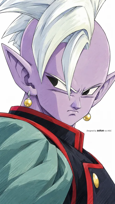 White-haired figure: purple skin and pointed ears. A portrait-format character illustration in the Dragon Ball collection.