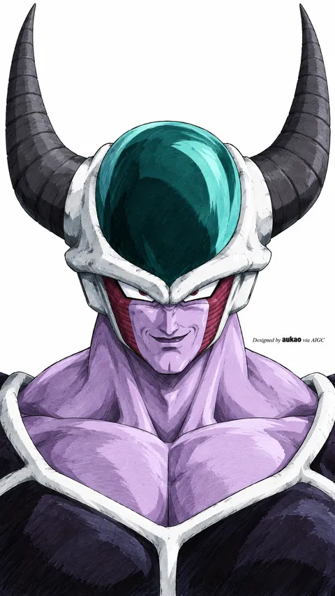Horned purple warrior: teal crown. A portrait-format character illustration in the Dragon Ball collection.
