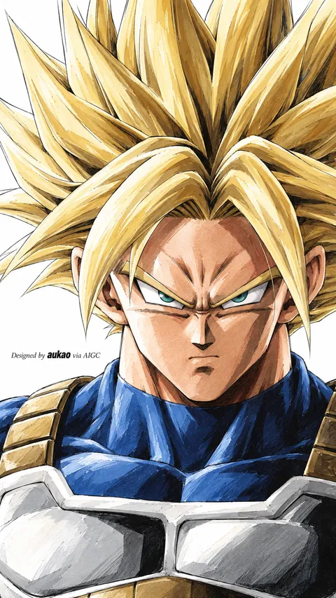 Golden-haired warrior: blue-and-white armor. A portrait-format character illustration in the Dragon Ball collection.