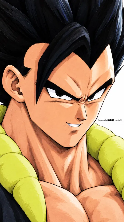 Black-haired fusion warrior: close-up gaze. A portrait-format character illustration in the Dragon Ball collection.