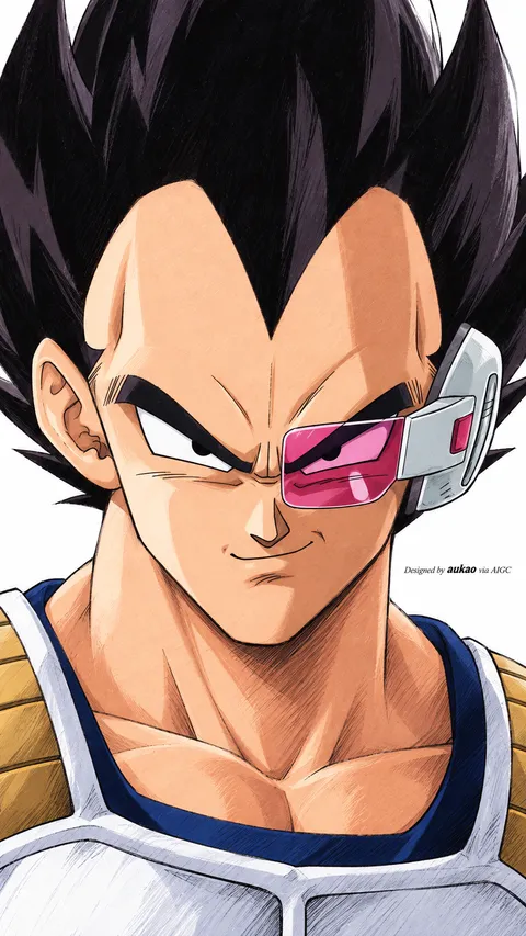 Armored Saiyan: pink scouter and smile. A portrait-format character illustration in the Dragon Ball collection.
