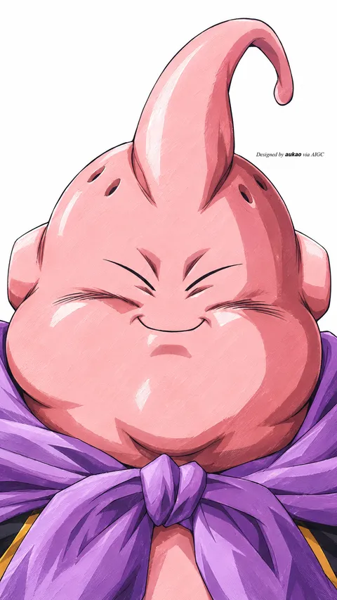 Pink round fighter: closed-eye smile. A portrait-format character illustration in the Dragon Ball collection.