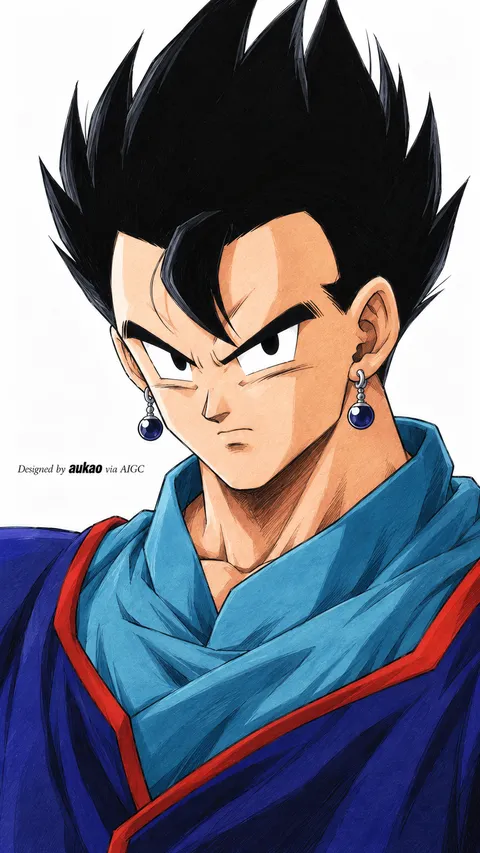 Black-haired fusion fighter: blue scarf. A portrait-format character illustration in the Dragon Ball collection.