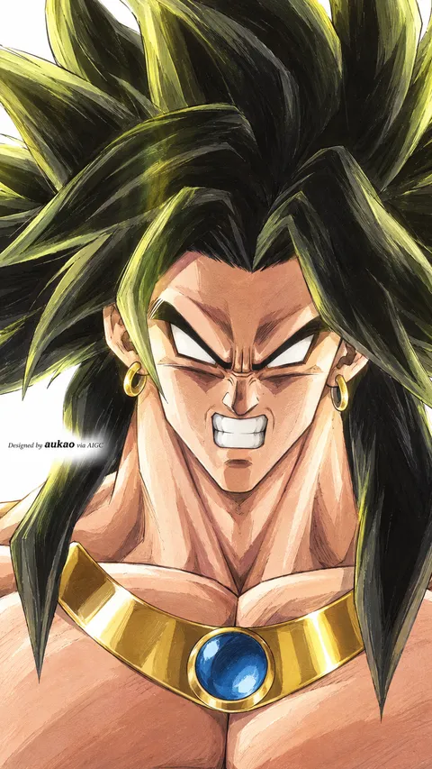 Wild-haired warrior: golden jewelry. A portrait-format character illustration in the Dragon Ball collection.