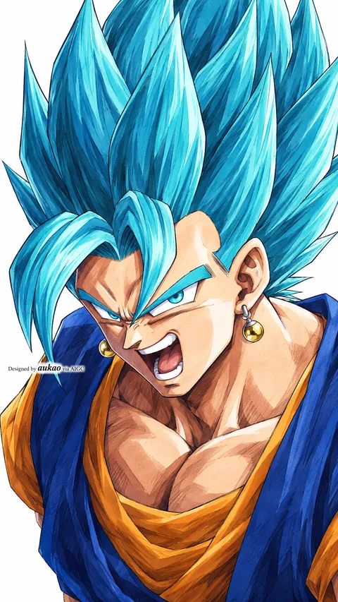 Blue-haired fighter: energy-filled shout. A portrait-format character illustration in the Dragon Ball collection.