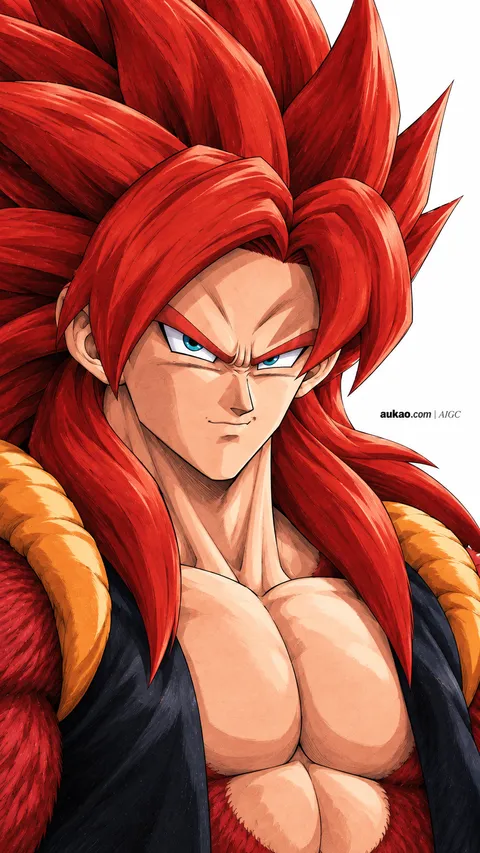 Red-haired fusion warrior: angled portrait. A portrait-format character illustration in the Dragon Ball collection.