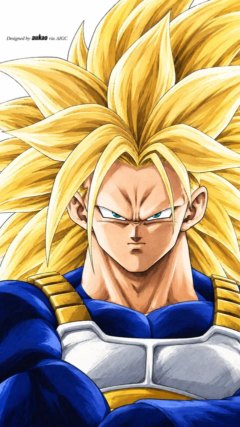 Golden-haired warrior: blue armored suit. A portrait-format character illustration in the Dragon Ball collection.