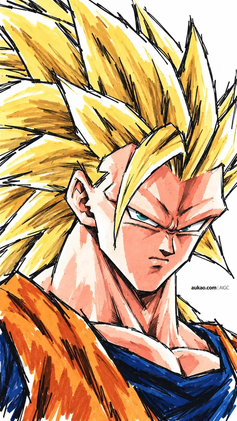Golden-haired fighter: dynamic ink study. A portrait-format character illustration in the Dragon Ball collection.