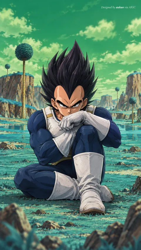 Armored Saiyan: resting in a green landscape. A portrait-format character illustration in the Dragon Ball collection.
