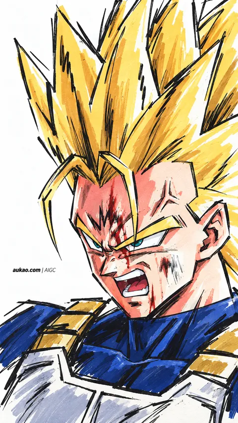 Golden-haired Saiyan: inked battle portrait. A portrait-format character illustration in the Dragon Ball collection.