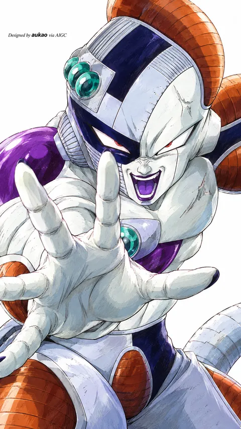 White-and-purple alien: reaching forward. A portrait-format character illustration in the Dragon Ball collection.