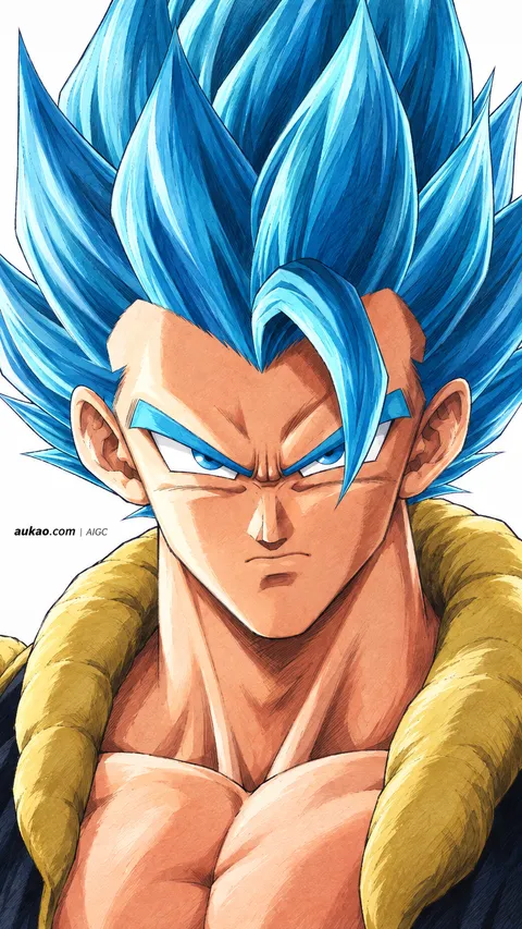 A blue-haired fusion warrior wears a dark vest with thick golden trim. The close-up composition emphasizes his turquoise eyes and angular, upward-swept hair.