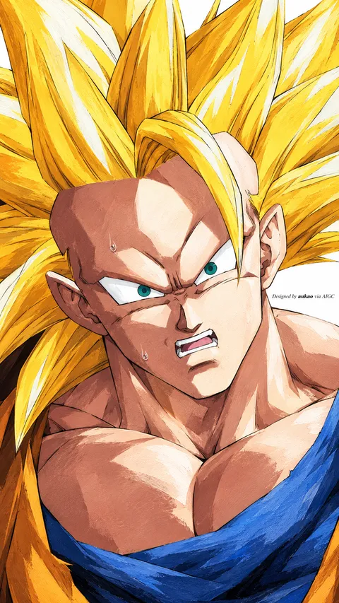 Golden-haired fighter: sideways study. A portrait-format character illustration in the Dragon Ball collection.