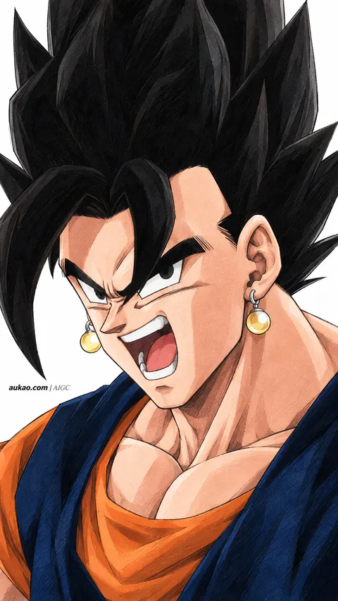 Black-haired fighter: battle shout. A portrait-format character illustration in the Dragon Ball collection.
