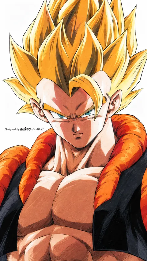 Golden-haired fighter: orange padded vest. A portrait-format character illustration in the Dragon Ball collection.