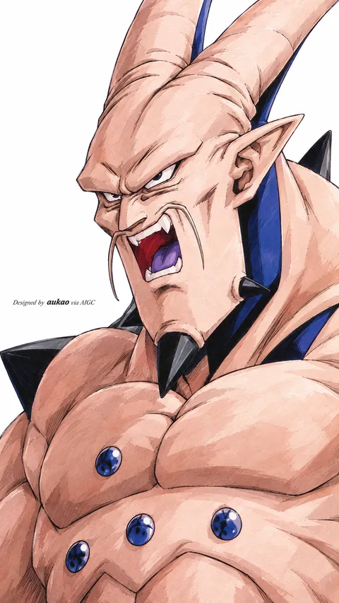 Horned warrior: a furious shout. A portrait-format character illustration in the Dragon Ball collection.