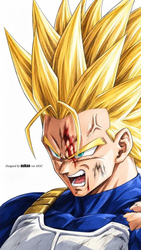 Golden-haired Saiyan: blue battle suit. A portrait-format character illustration in the Dragon Ball collection.
