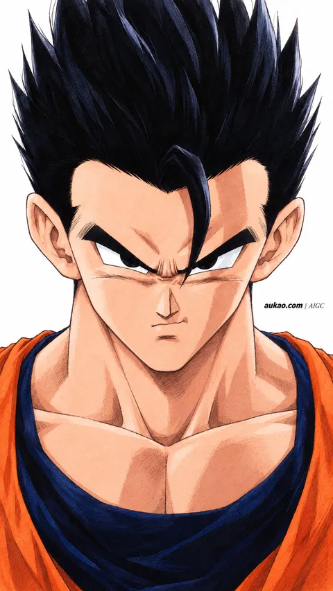 Black-haired fighter: orange-collared study. A portrait-format character illustration in the Dragon Ball collection.