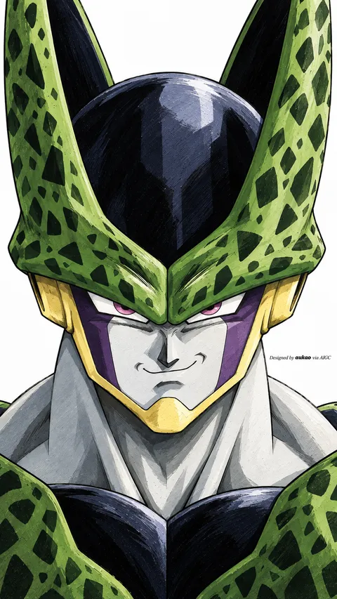 Green bio-warrior: crowned portrait. A portrait-format character illustration in the Dragon Ball collection.