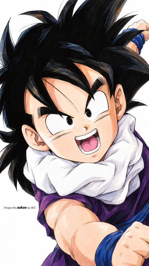 Young black-haired fighter: a joyful smile. A portrait-format character illustration in the Dragon Ball collection.