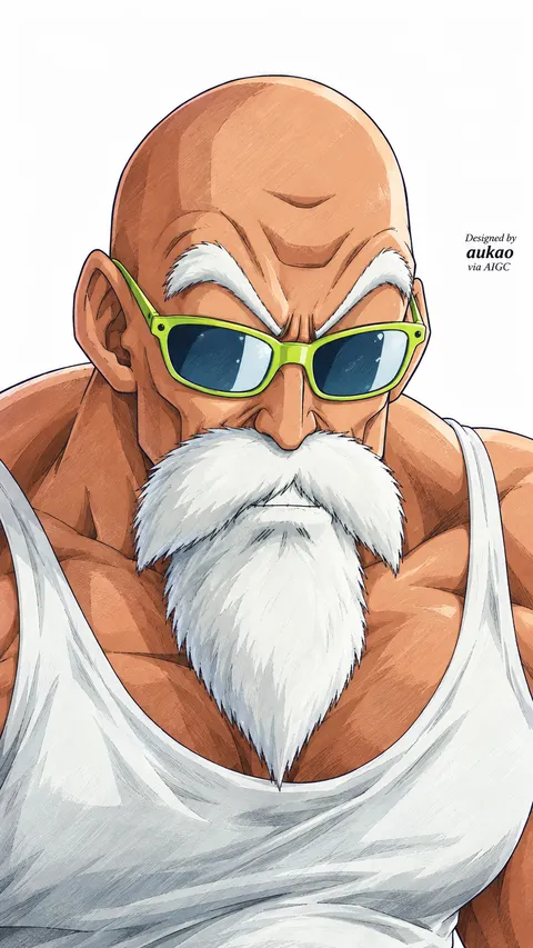 An elderly martial artist wears colorful sunglasses and a long white beard. The bald head, warm skin tones, and light clothing stand out against a white background.