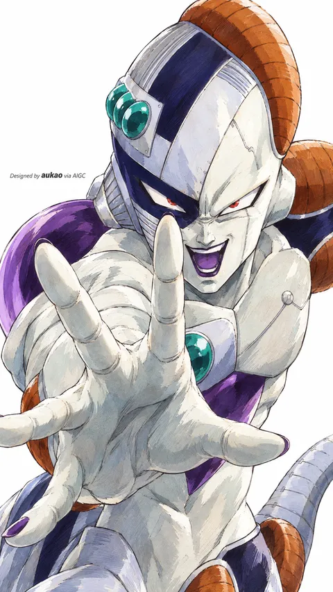 White-and-purple alien: open hand. A portrait-format character illustration in the Dragon Ball collection.