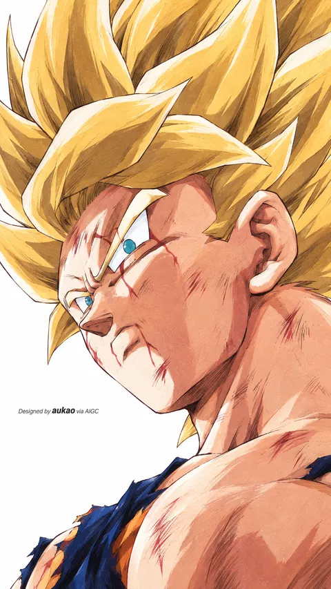 Golden-haired fighter: battle-worn side profile. A portrait-format character illustration in the Dragon Ball collection.