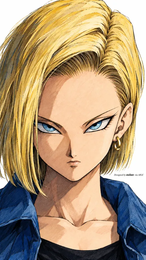 A blonde android looks ahead with bright blue eyes beneath a smooth side-parted bob. Blue clothing and a simple light background keep the focus on her expression.