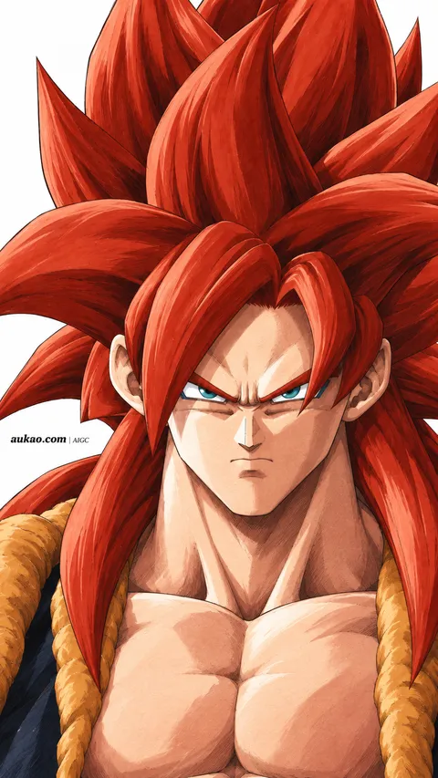 Red-haired fusion warrior: calm portrait. A portrait-format character illustration in the Dragon Ball collection.