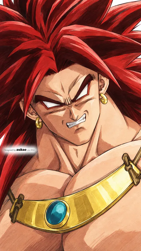 Red-haired warrior: golden jewelry and battle scars. A portrait-format character illustration in the Dragon Ball collection.