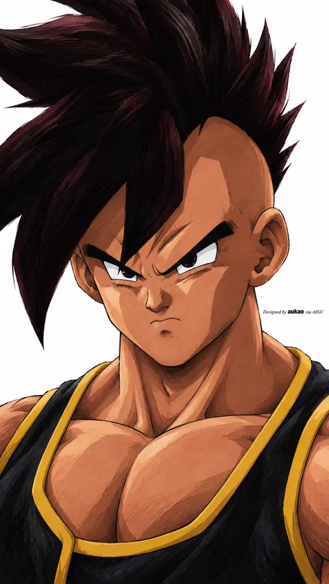 Dark-haired warrior: gold-trimmed battle suit. A portrait-format character illustration in the Dragon Ball collection.