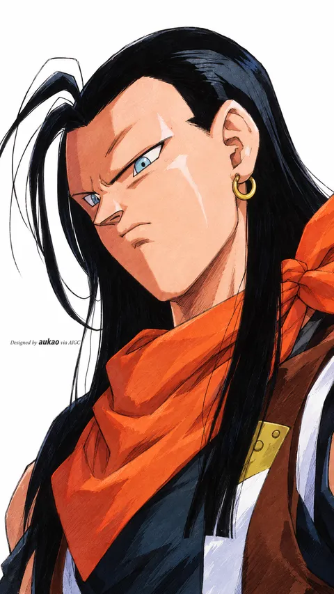 Long-haired android: orange scarf. A portrait-format character illustration in the Dragon Ball collection.