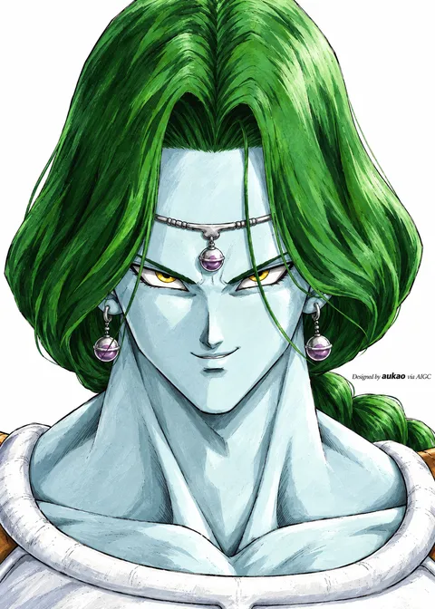 Green-haired figure: silver-blue skin. A portrait-format character illustration in the Dragon Ball collection.