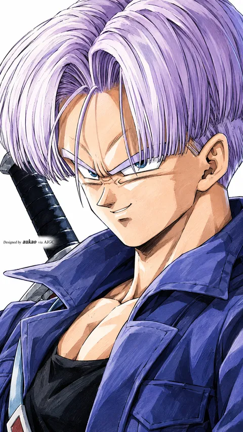 A lavender-haired swordsman wears a blue jacket with a sword strap across his chest. His sideward gaze and neatly parted hair define this Dragon Ball portrait.