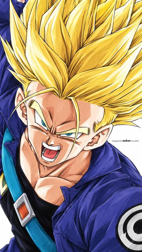 Golden-haired swordsman: mid-battle shout. A portrait-format character illustration in the Dragon Ball collection.