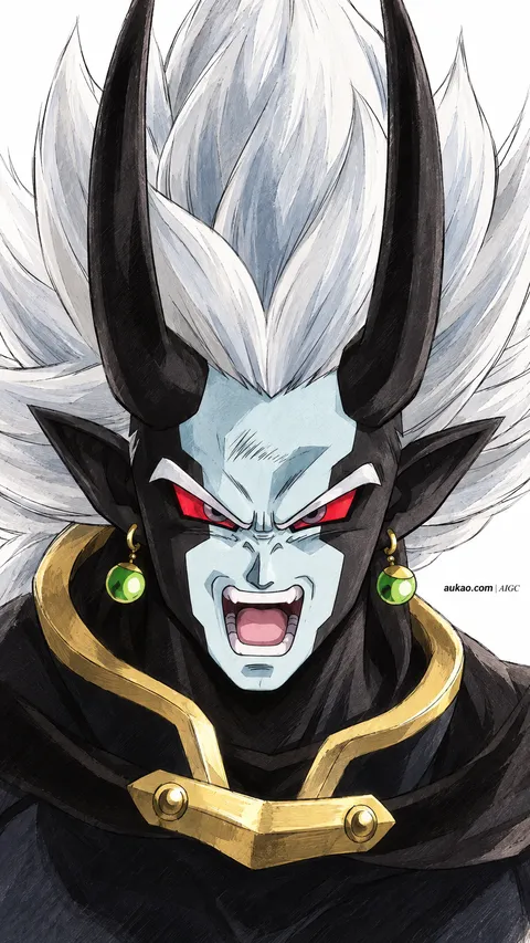 Dark warrior: silver crest and red eyes. A portrait-format character illustration in the Dragon Ball collection.