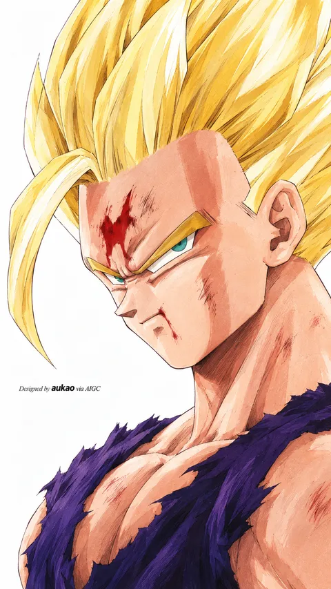Golden-haired fighter: bloodied forehead. A portrait-format character illustration in the Dragon Ball collection.