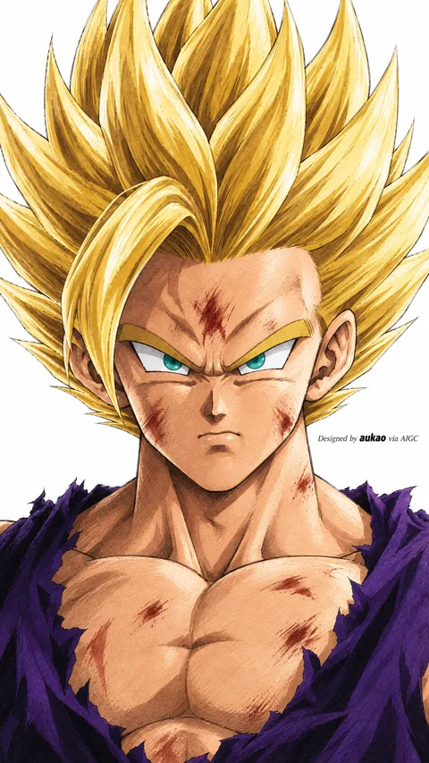A golden-haired fighter in a torn purple gi looks directly ahead. Sharp green eyes, facial scratches, and dark shading give the portrait a battle-worn intensity.