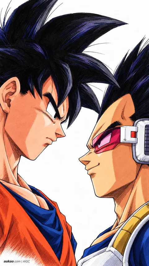 Son Goku and Vegeta / 孙悟空与贝吉塔 / 孫悟空とベジータ. Facing-off duo. AI-generated fan art inspired by Dragon Ball / 龙珠 / ドラゴンボール. AUKAO study 002.