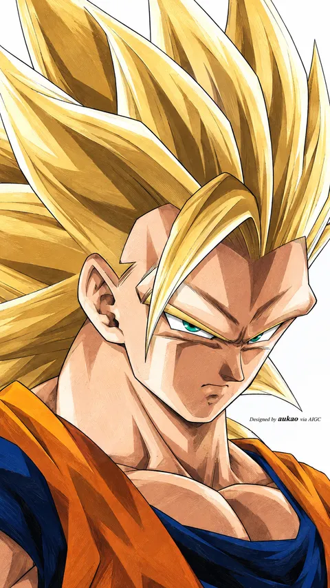 Golden-haired fighter: looking downward. A portrait-format character illustration in the Dragon Ball collection.