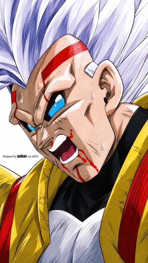 Silver-haired warrior: red facial markings. A portrait-format character illustration in the Dragon Ball collection.