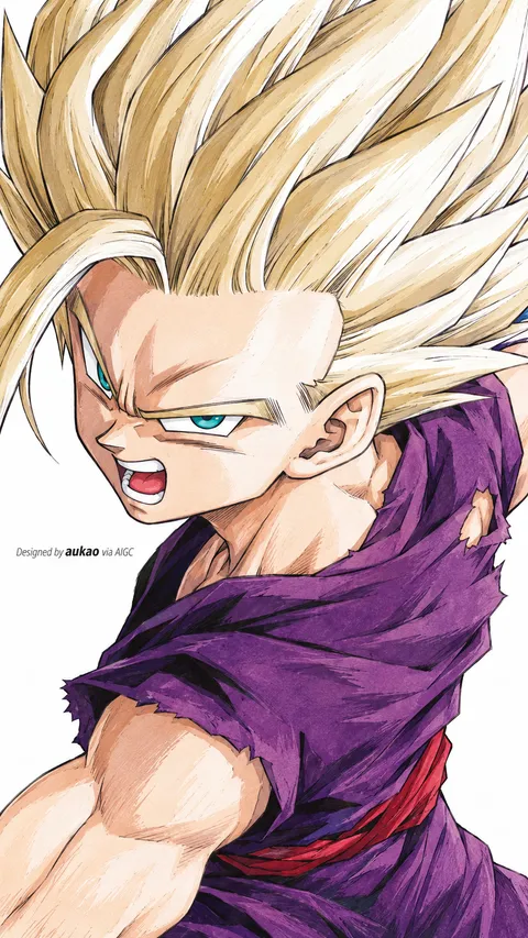 Young golden-haired fighter: purple battle outfit. A portrait-format character illustration in the Dragon Ball collection.