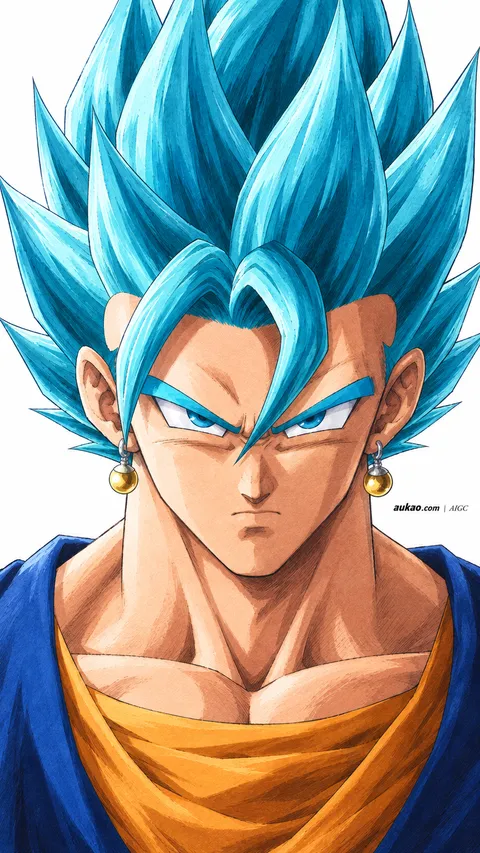 Blue-haired fighter: orange gi. A portrait-format character illustration in the Dragon Ball collection.