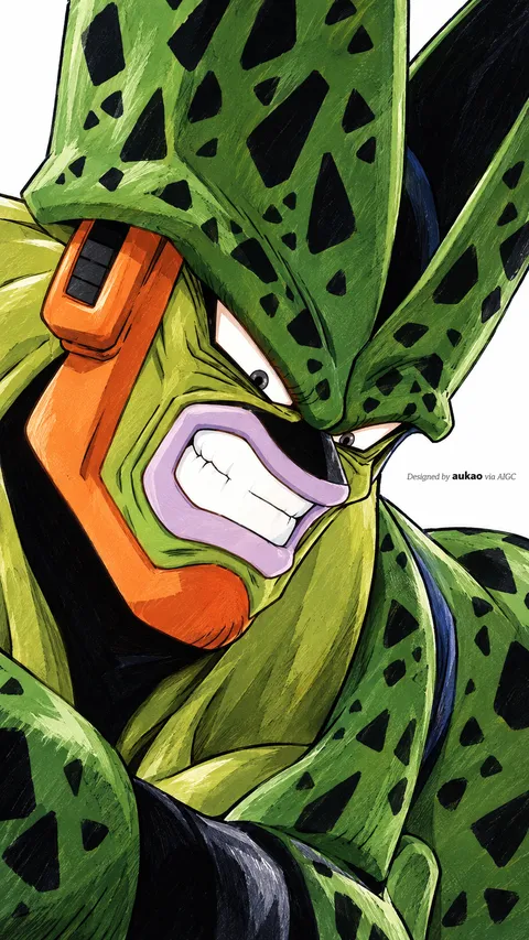 Green bio-warrior: teeth clenched. A portrait-format character illustration in the Dragon Ball collection.