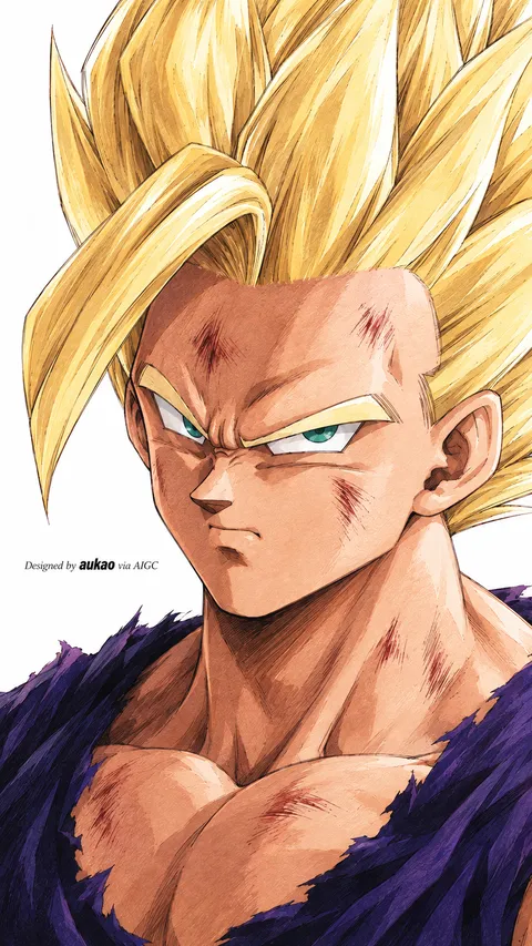Golden-haired fighter: battle-worn purple gi. A portrait-format character illustration in the Dragon Ball collection.