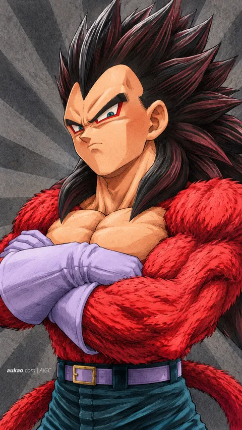 Vegeta / 贝吉塔 / ベジータ. Super Saiyan 4 character portrait. AI-generated fan art inspired by Dragon Ball / 龙珠 / ドラゴンボール. AUKAO study 012.